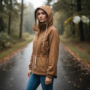 Calia Jacket Womens S Brown Windbreaker Hooded Rainwear Drawcord Waist 1/4 Zip